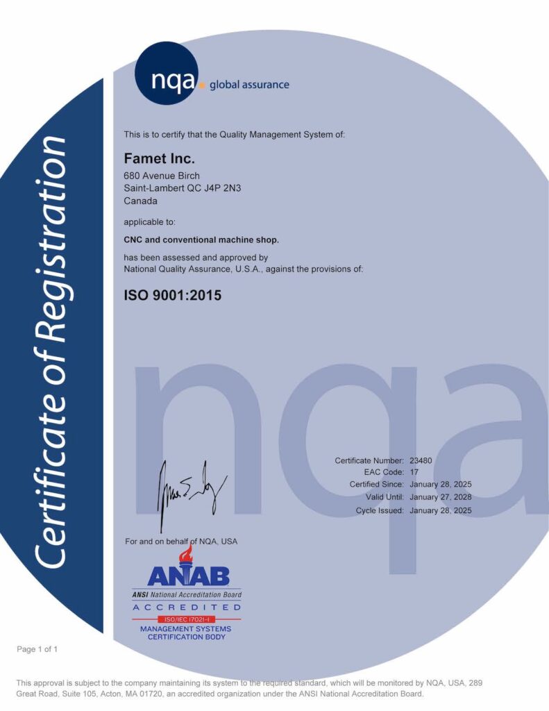 ISO 9001 Certificate issued FAMET Machine Shop by NQA - Proof of quality machining in Montreal.